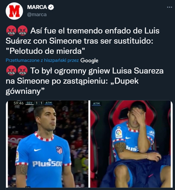 WKURZONY Luis Suarez na Simeone za zmianę w 57 minucie...